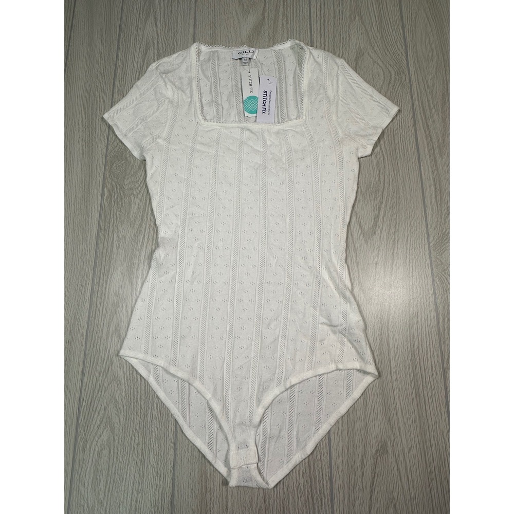 Gilli Hollis Pointelle Square Neck Bodysuit White M Short Sleeve Knit Stitch Fix